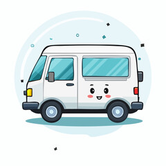 A cute cartoon-style illustration of a white delivery van with a smiling face illustration
