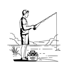 A man fishing by the lake with a fishing rod and tackle box in a black and white line drawing style