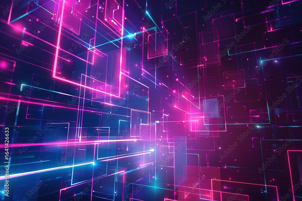 Poster abstract background showing data flowing and transferring through neon cyberspace network of light s