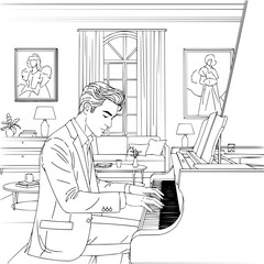 A man in a suit is playing the piano in a living room with paintings and furniture in the background