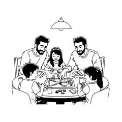 Illustration of a family gathered around a table playing a board game under a hanging light fixture