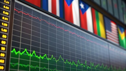 Digital stock market display showing fluctuating graphs and various international flags in the background.