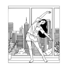 Woman in pajamas stretching in front of a window with a cityscape view in a black and white line drawing