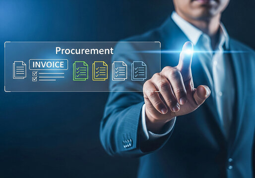 Businessman interacts with digital procurement process interface on futuristic screen