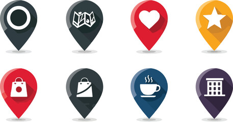 Colorful location markers with icons flat design style