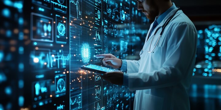 Professional doctor in a futuristic hospital using