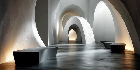 Futuristic architectural hallway with illuminated arches and modern benches
