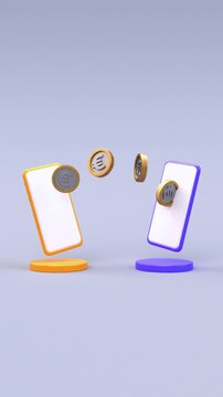 Euro coins transfer between two mobile phones social media looping video, wireless sending and receiving money. Online banking payment app, electronic money concept in 3D animation