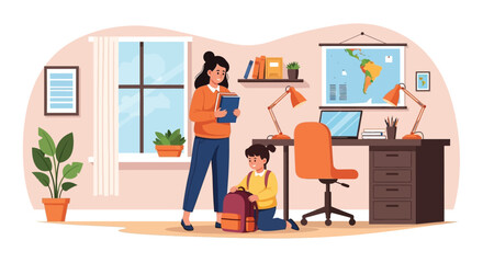 Mother Helping Son Pack Backpack in Home Study Room