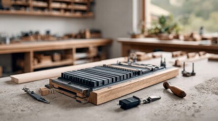 An artisan's workspace featuring a wooden workbench with tools and a tilting wooden base with lined blocks.
