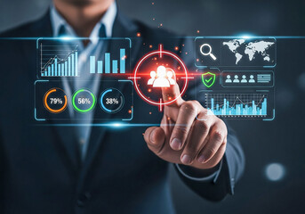 Businessman interacting with futuristic digital interface displaying data analytics and target