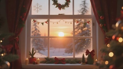 Obraz premium Cozy Christmas Window Scene with Sunset and Decorations