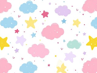 Whimsical pattern of pastel clouds and stars