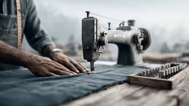 Close-up of hands sewing fabric with an old sewing machine in a workshop setting.