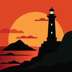 Vector art of lighthouse silhouette at sunset on a rocky coast with islands in the sea