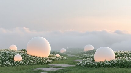 Ethereal landscape with glowing spheres amidst a field of flowers under soft clouds.