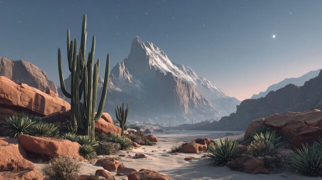 Expansive desert landscape featuring tall cacti and a majestic mountain with snow.