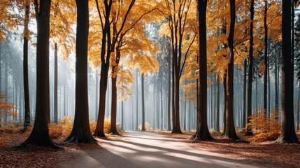 Serene autumn forest with vibrant orange leaves and a misty pathway through tall trees.