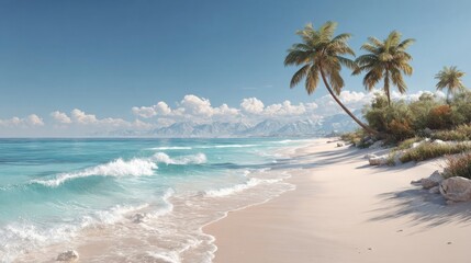 Serene beach scene with turquoise water, palm trees, and distant mountains under a clear sky.