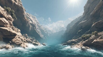 Serene canyon with turquoise water flowing between rocky cliffs under a bright sky.