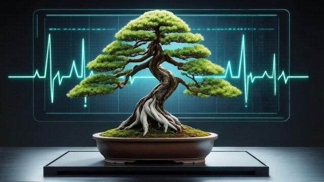 Bonsai tree with glowing digital heartbeat monitor, merging nature and technology for vital sign analysis - Powered by Adobe