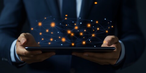 Professional man holding a tablet outsourcing and business