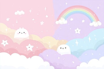 Fototapeta premium Pastel-colored sky scene with clouds, stars, and cute creatures. 
