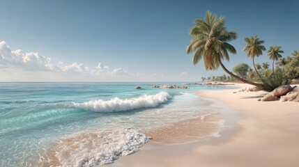 Serene tropical beach scene with palm trees and gentle waves under a clear sky.