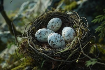 Obraz premium Four speckled bird eggs nestled in a cozy, twig woven haven amidst vibrant green foliage, creating a serene natural scene