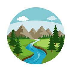 Obraz premium Beautiful Landscape Illustration Featuring A Serene Forest With A Winding River And Mountains In The Background 