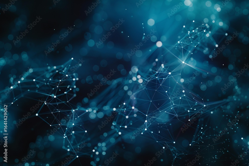 Poster digital data nodes flowing in cyberspace, visualizing business and technology