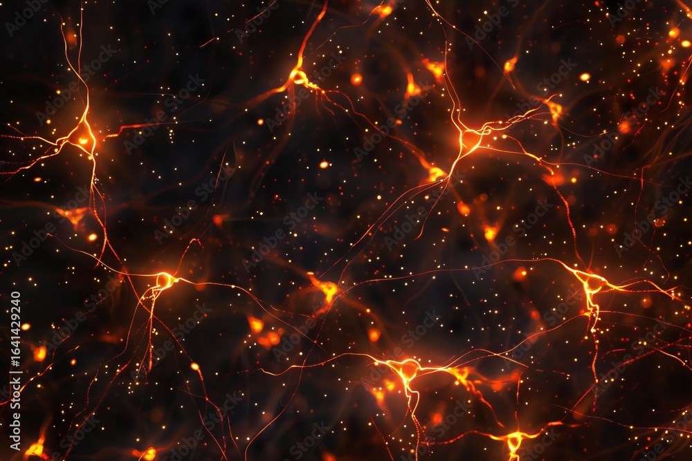 Poster orange glowing neural network is firing and communicating with electrical signals and synapses insid