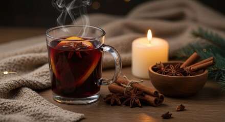 Cozy winter scene with a cup of steaming mulled wine and warm candlelight, evoking feelings of comfort and relaxation. The spices release fragrant aromas