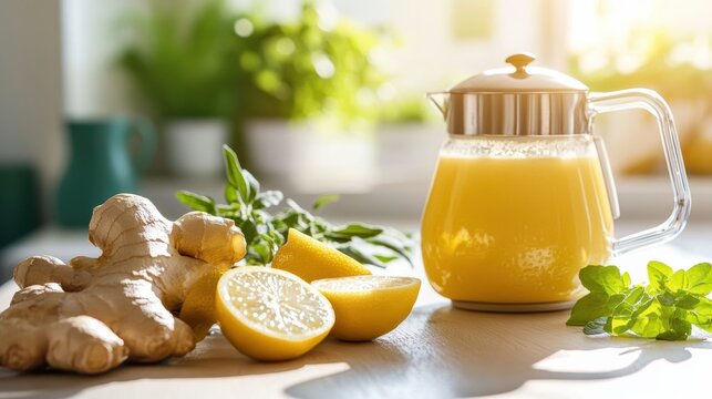 A bright, refreshing scene featuring a pitcher of ginger-lemon drink, fresh ginger, lemon slices, and green herbs, set in a sunny kitchen environment.