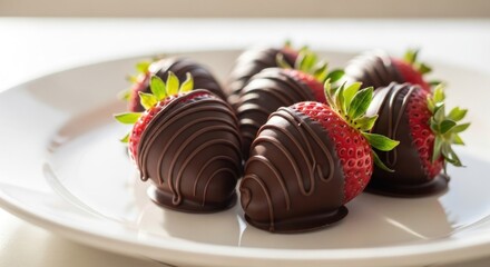 Fototapeta premium Chocolate-dipped strawberries on a white plate with window light