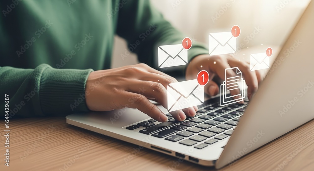 Poster person typing on laptop with email notification overlays, representing communication and digital wor
