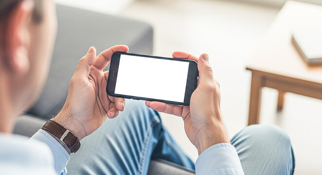 Person holding a smartphone in landscape mode with a blank screen