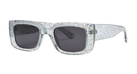 Y2K-style glitter sunglasses, isolated on white background