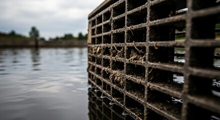 Close up of a metal grate partially submerged in water with vegetation visible in the distance view outdoors - ia generated