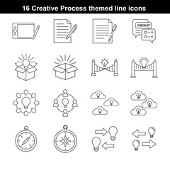 Minimalist creative process icon pack with 16 outline vector illustrations for brainstorming, innovation, project planning, and idea development