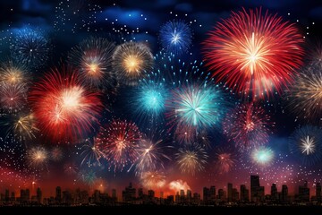 Festive fireworks exploding over a generic cityscape silhouette at night