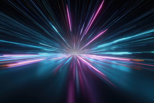 Abstract vibrant neon light streaks radiating outwards from a central point on a dark background