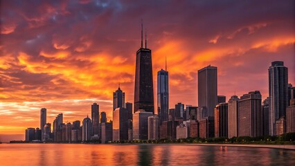 Fototapeta premium Chicago skyline at sunset with dramatic orange sky reflecting over Lake Michigan 