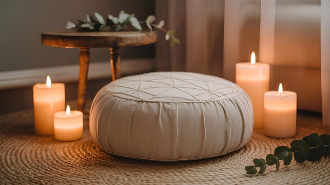 Peaceful meditation setting for representing habit shift with zafu and candles
