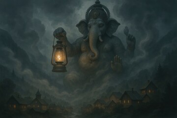 Mystical Ganesha statue illuminates a foggy village at night