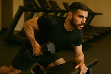Fototapeta premium Muscular man performing a dumbbell row exercise in a gym