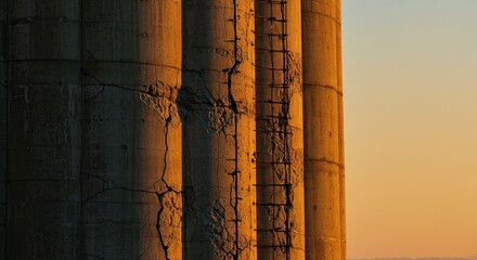 Close view of weathered concrete silos with a ladder against a gradient sky at dusk or dawn hour - ia generated