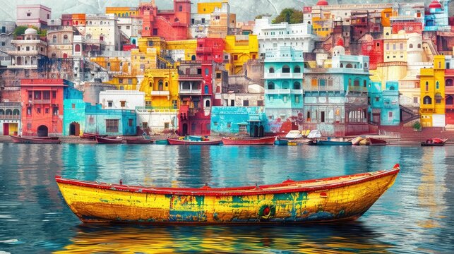 A vibrant scene of a yellow boat on calm water, with a colorful cityscape of buildings in various hues of blue, pink, and yellow in the background. - Powered by Adobe