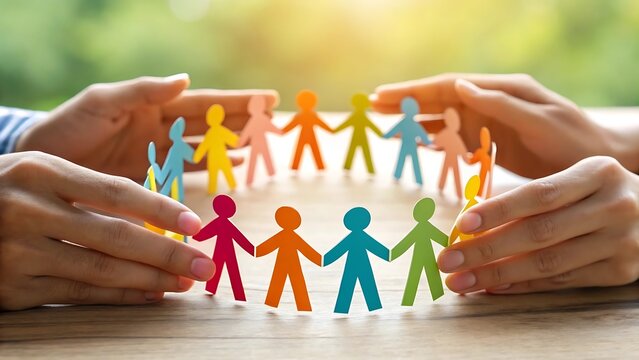 Hands holding colorful paper cutout people in a circle symbolizing community, diversity and unity 
