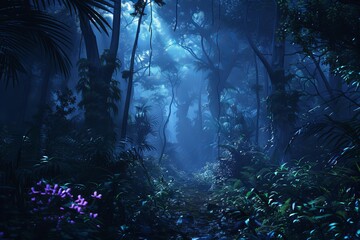 Sunbeams shining through lush vegetation in a foggy tropical forest at night